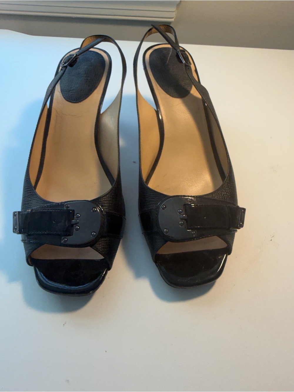 Cole Haan Black Slingback Peep-Toe Heels with Buckle Accent